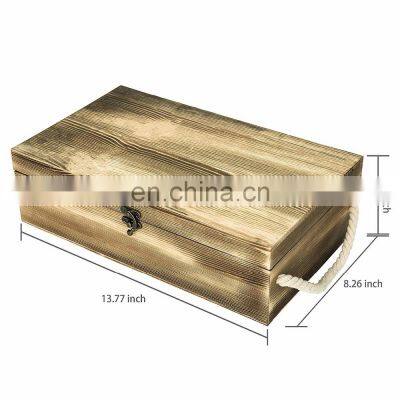 Dark Torched Wood Double Bottle Wine Case Top Handle Wood Wine Box Brown photo-3