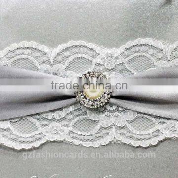 Prenium Customized Silver Color Silk Wedding Invitation Cards With Pearl and Diamond photo-3