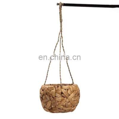 Best Price Rustic Woven Water Hyacinth Hanging Planter with Lining Modern Boho Wicker Straw Cover for Flower Pot