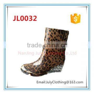 Sexy leopard print mature lady high heel boots fashion cheap half rain boots