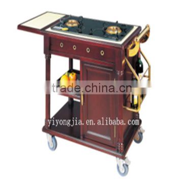 Dual head Stone surface wooden serving trolley mobile food cart