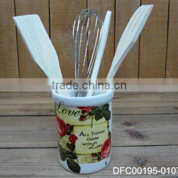 new style rose decal design ceramic cooking tools utensils with ceramic holder