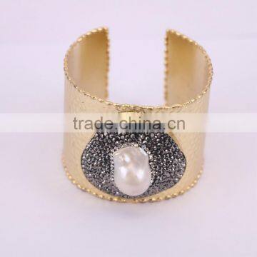 Fashion Metal Brass Plated Gold Druzy Bangles Natural Freshwater Pearl Gem Bangles with Pave Crystal Jewelry Bangles