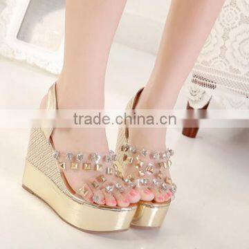 special gold heels 2015 ladies shoes crystal and rivets high wedge shoes china manufacturer women shoes PY2900