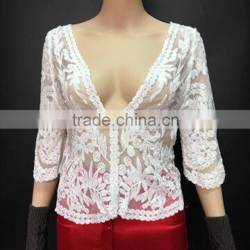 2016 white beige sheer floral lace blouse for Middle aged women ladies crochet top