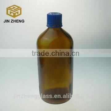 Round 17.5oz Empty Amber Glass Reagent Bottle With Blue Plastic Lid