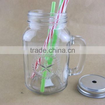 glass mason jars , drinking jar , glass mason jar with handle and metal lid straw