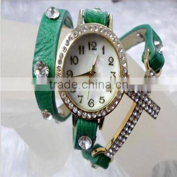 2014 New Arrival Fashion Leather Wrap Bracelet Watch With Crystal Rhinestone Cross photo-3