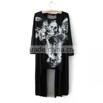 skull print women loose shirt front short and long back sleeveless