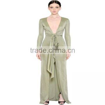 2016 dresses for smooth viscose fiber plained, v-plunge lining kick split women dress floor length OEM