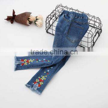 B22586A Korea children Pretty embroidered flowers elastic waist little girls jeans