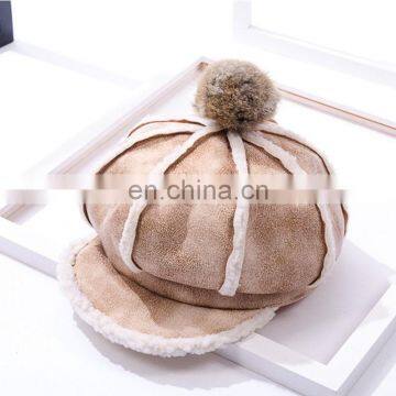 Rabbit fur pom/ball casquette cap flat brim hip hop winter hats