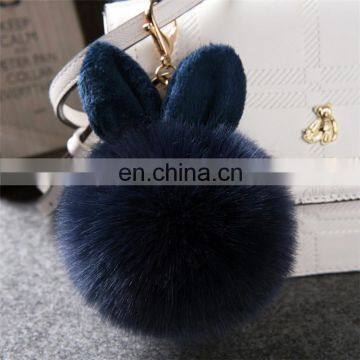 Cute Rabbit Ear Factory Rabbit/Fox Fur Pom Pom Fluffy Ball Bobble Keychain With Strap and Metal Buckle Key Ring photo-3