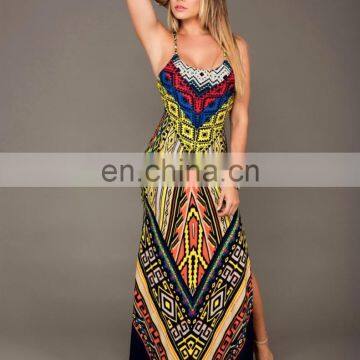 CH325 Bazin Riche Clothes Maxi Tribal Print Spaghetti Strap African Women Dresses