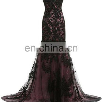 Elegant Black Mermaid Evening Dresses 2016 Scoop Appliqued Sweep Train Tulle Prom Dress Vestido De Festa Longo Abiye Uzun Elbise