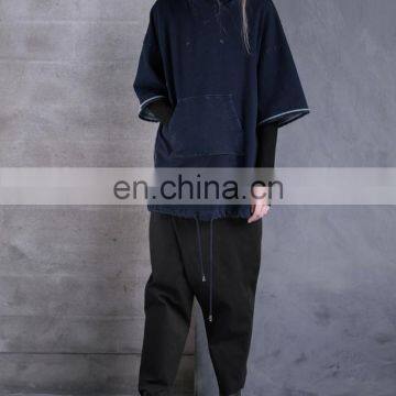 2017 Winter Women Loose Casual Drop Shoulder Indigo Blue Pullover Hoodie With Front Pocket photo-4