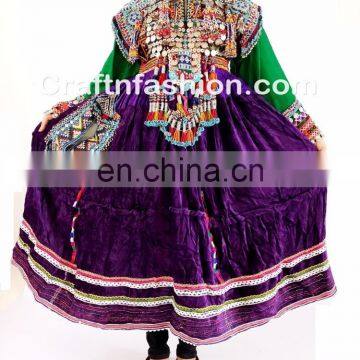 Traditional Balochi Coins Dress- Afghan Dress In Velvet Tribal Silk Embroidered Dress- Banjara Kuchi Tribal Ethnic Clothes photo-5