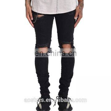 OEM Custom Men in tight jeans rip skinny distressed spray on denim jeans factory