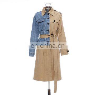 TWOTWINSTYLE Denim Hit Color Patchwork Long Sleeve High Waist Lace Up Female trench coat fashion