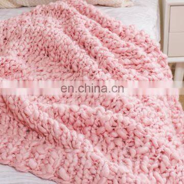 Heavy Cozy Premium Pink Chunky Handmade Knit Yarn Wool Blanket for Bedroom Deco