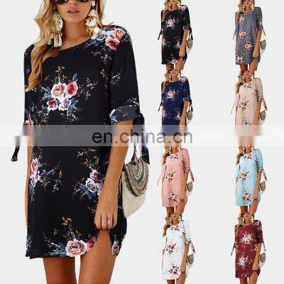 Manufacturers Wholesale Custom Women's Chiffon Printed Round Neck Three-quarter Sleeve Dress Casual Fashion Short Skirt Plus photo-2