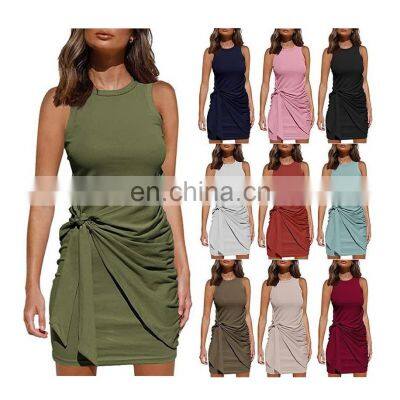 Manufacturers wholesale Women's Solid Surplice Dress Irregular dress sleeveless round neck pleated bow belt