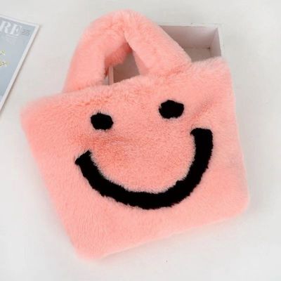 020Plush Bag Large capacity square bag Smiley face bag Faux fur school bag Girl shoulder bag