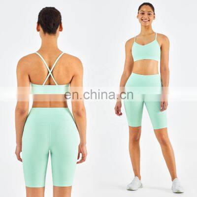 Ribbed Seamless Yoga Short Set Women Summer Activewear Sports Fitness Gym Yoga Bra Cross Back photo-5