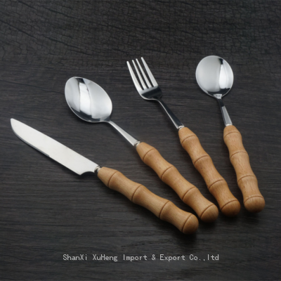 Bamboo Stainless Steel Flatware Set Wood Handle Cutlery with Stand Dinnerware Set Knife Fork Spoon And Teaspoon