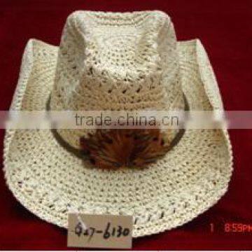 cheap bulk woven paper cowboy straw hats decorated with leaf pattern