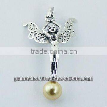 925 Silver Pendant Fairy Standing on Austrian Crystal Pearl