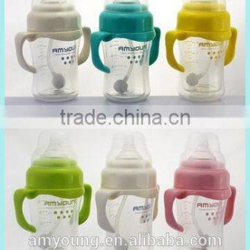 240ml wide diameter crystal diamond bottle with handle and sleeve glass baby feeding milk water bottle