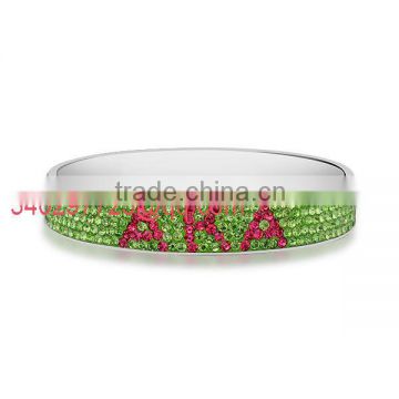 Vnistar sorority AKA style bangle bracelet made of stainless steel and green and pink crystals for women