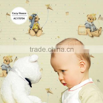 new printing non woven wallpaper, chartreuse green cartoon teddy bear animal wall mural for kids , elegant wall decor contractor