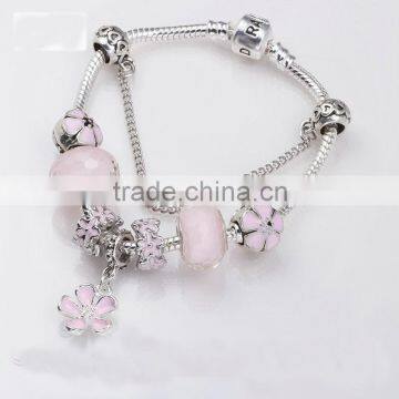 2016 Elegant Pink Glass Beads Bracelet With Flower Dangles