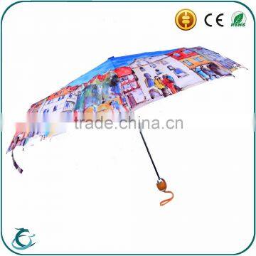 High quality luxury 3 fold automatic oil painting printing umbrella