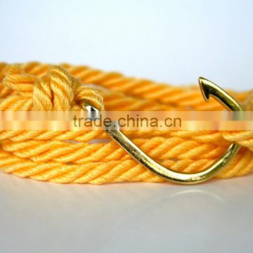 New Arrival Sailing Fish Hook Bracelet Yellow Cotton Rope Wrap Antique Bronze Fish Hook Bracelet For Fishman