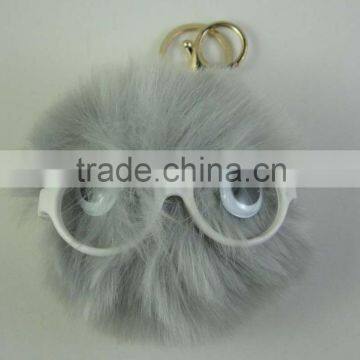 owl pompom fur keychain with glasses