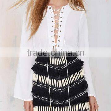 2015 Summer fashion loose white top with bell sleeve and open front with tie - SYK15134