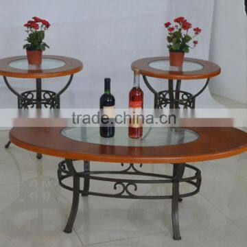 round and oval metal cooffee/tea tables with wood and glass top 1+2