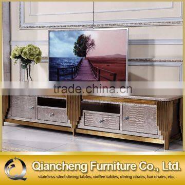 Hotel furniture led tv stand tv table with gold metal frame pu cover top