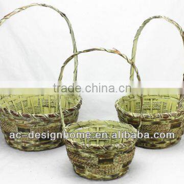S/3 MUSTARD WASH ROUND BAMBOO CHIP/SEAGRASS BASKET W/HANDLE