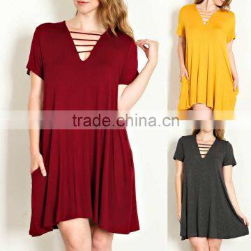 designer one piece short dress V-NECK TEE DRESS 95% RAYON 5% SPANDEX STRAPPY SOLID JERSEY KNIT party dress lady