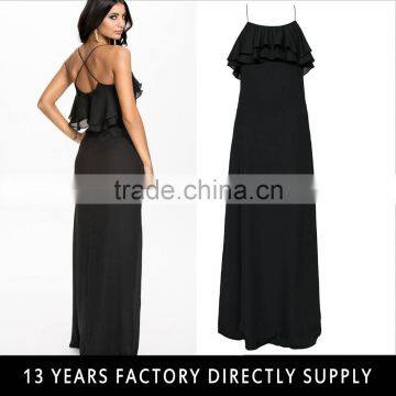 Strap Cross Back Frill Detail Black Ladies Simple Long fancy maxi dress