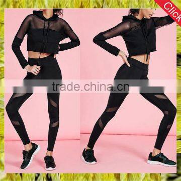 Custom gym clothing sexy fashion yoga tracksuit slim net see through crop top black hoodie and leggings for women