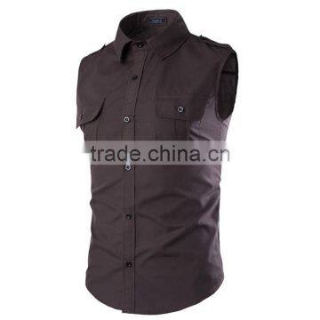 Two chest pockets sleeveless casual cotton men shirts