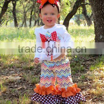 Thanksgiving day wild appliqued children's turkey colorful chevron double ruffle boutique clothing