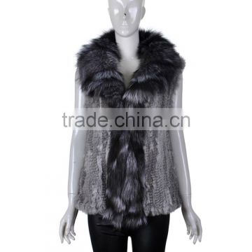 YR263 Genuine Rabbit Knit Fur Vest with Fox Collar Top Quality