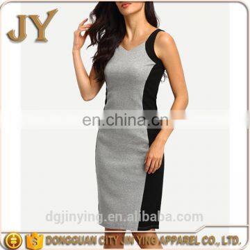 2016 Gray Bodycon Sexy Summer Casual Patchwork Sleeveless Back Slit Pencil Dress for Women Fashion Tank Dresses