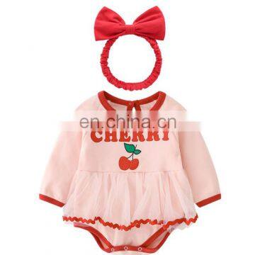 cherry printing pattern full sleeve romper Jumpsuit with headband beautiful Girls Daily Wear romper